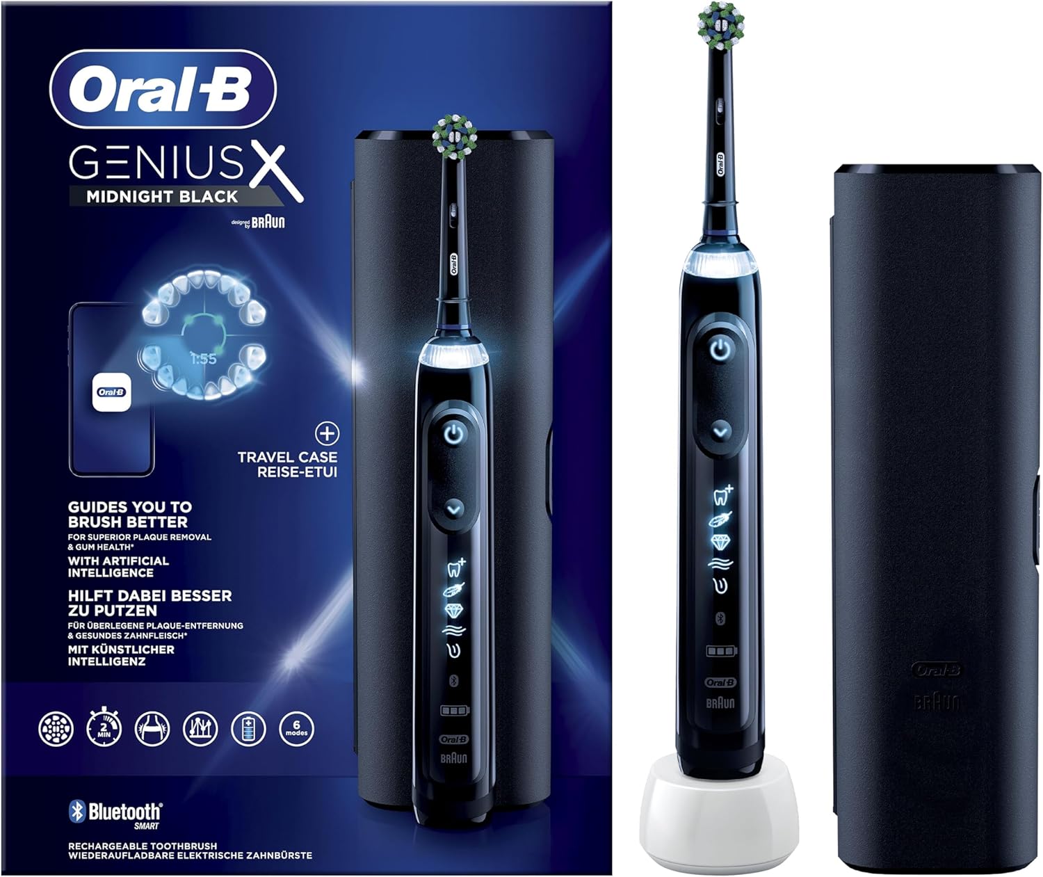 Oral-B Genius X Spazzolino Elettrico 6 Modalità di Spazzolamento, Protegge le Gengive, Azione Sbiancante, Intelligenza Artificiale, 1 Testina, 1 Custodia Viaggio, Idea Regalo, Nero